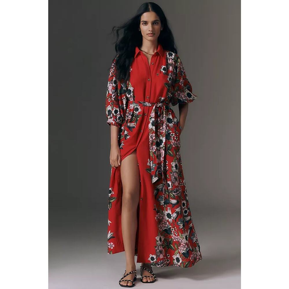 nwt ANTHROPOLOGIE MAEVE sz S The Mona linen maxi dress in red floral motif